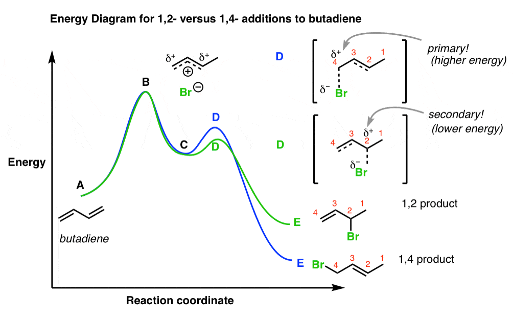 reaction energy diagram for 12 versus 14 addition of hbr to butadiene showing resonance stabilized carbocations and reversibility to 12 and 14 products