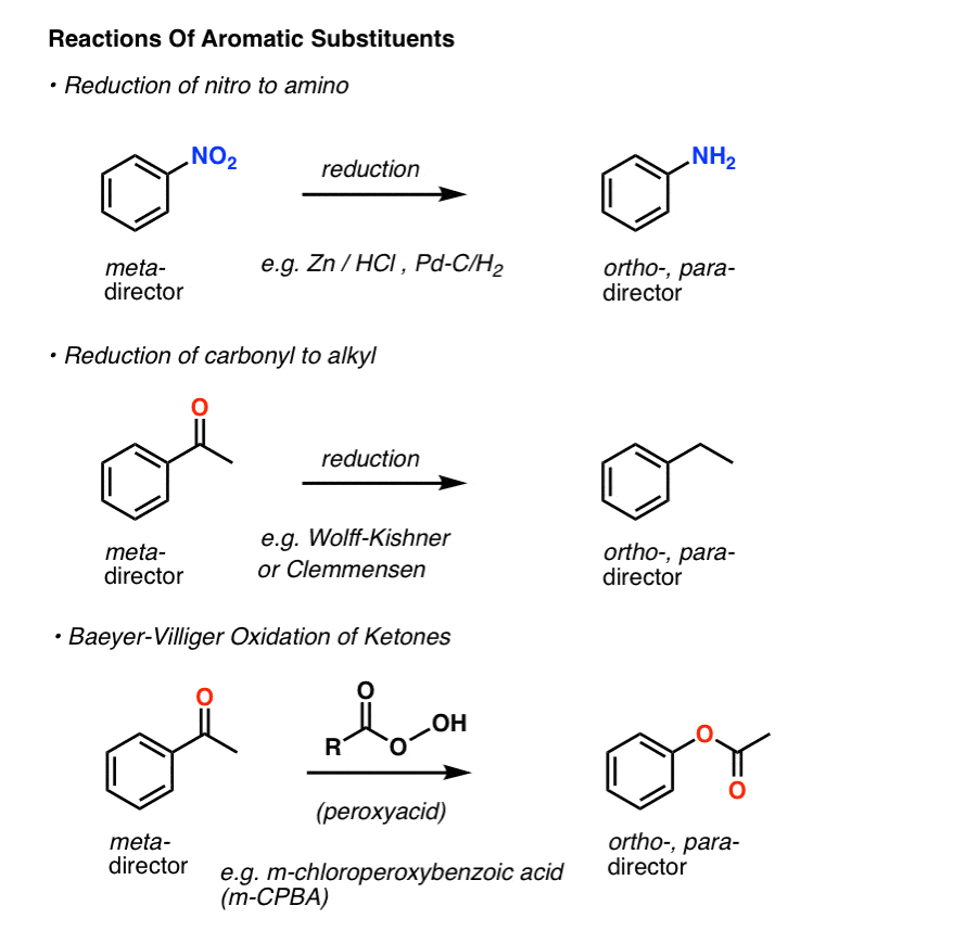 examples of converting meta directors to ortho para directors reduction of nitro to nh2 reduction of ketones to alkyl baeyer villiger oxidation