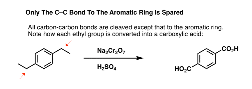 benzylic oxidation with kmno4 cleaves all other alkyl c-c bonds leaves only carboxylic acids