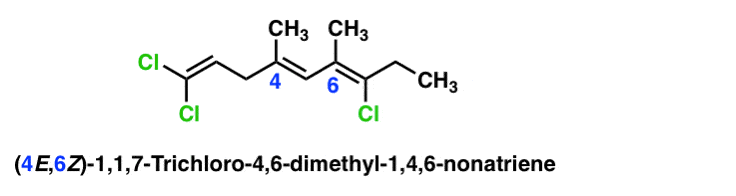 complex example of molecule with multiple alkenes with designated e and z configuration