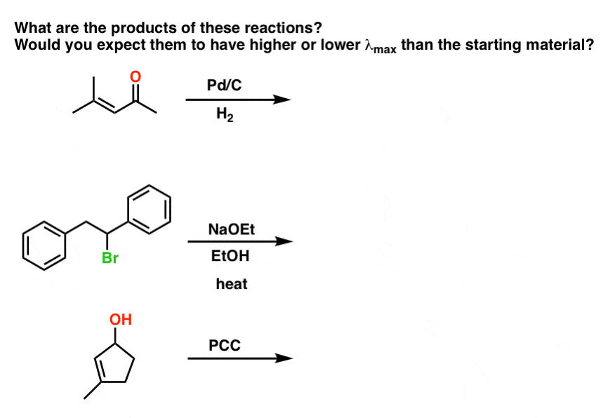 uv vis practice problem draw products and would they have higher or lower delta max than starting material elimination reduction