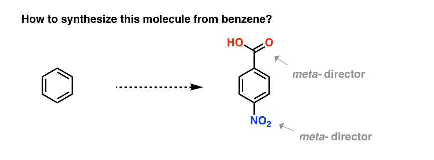 how to synthesize para nitro benzoic acid from benzene two meta directors para to each other