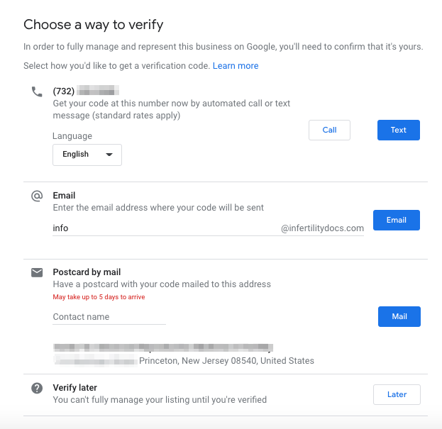 Image Displaying Google My Business Verification options