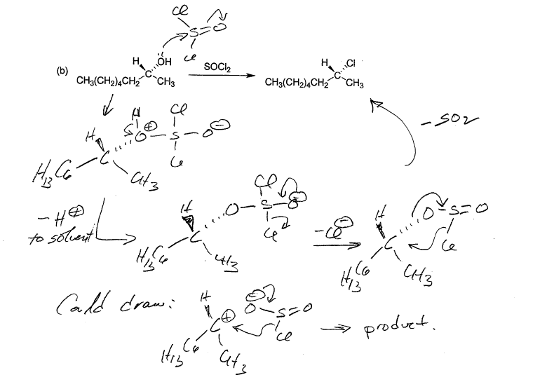 example of secondary alcohol with socl2 in abnsence of pyridine giving retention of configuration