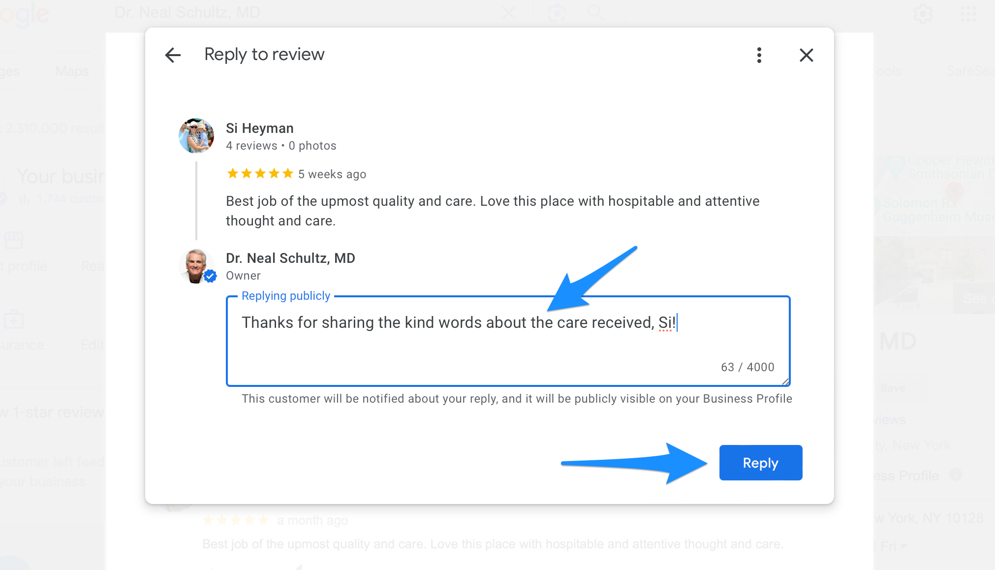 google business profile review response modal